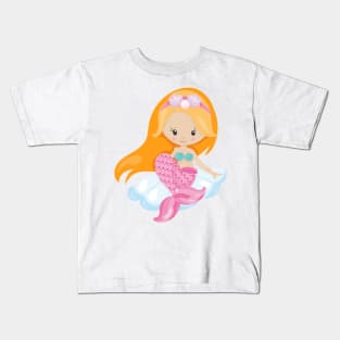Little Mermaid, Cute Mermaid, Orange Hair, Shells Kids T-Shirt